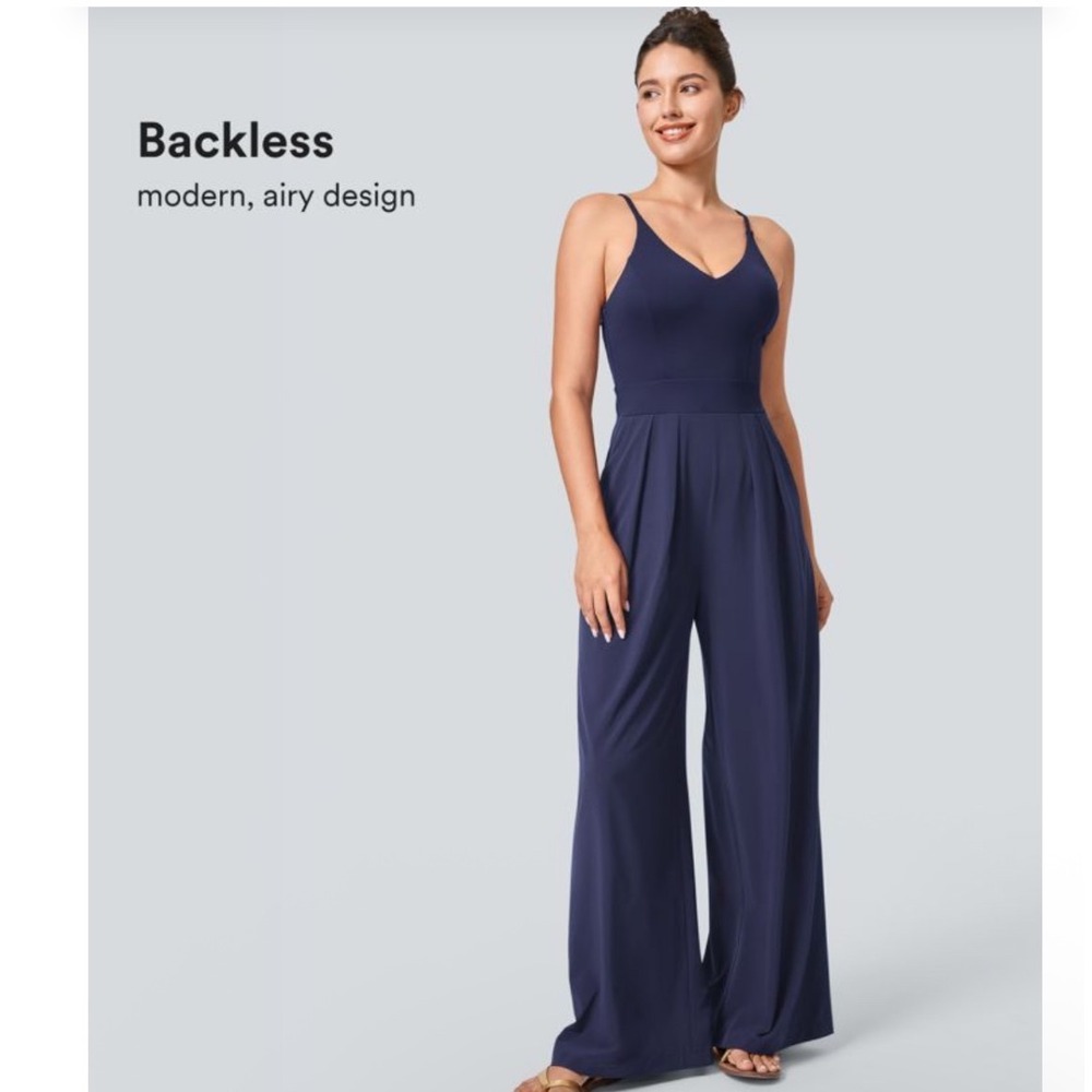 Halara | Navy Blue V Neck Double Strap Wide Leg Jumpsuit with Pockets, Size XS